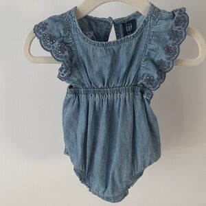 Baby GAP Denim Blue Baby Romper with Eyelet Sleeves